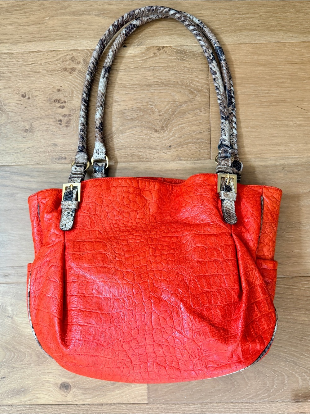 Fontanelli Italy Orange Croc Leather Shoulder Bag Snakeskin Python Trim Tote EUC